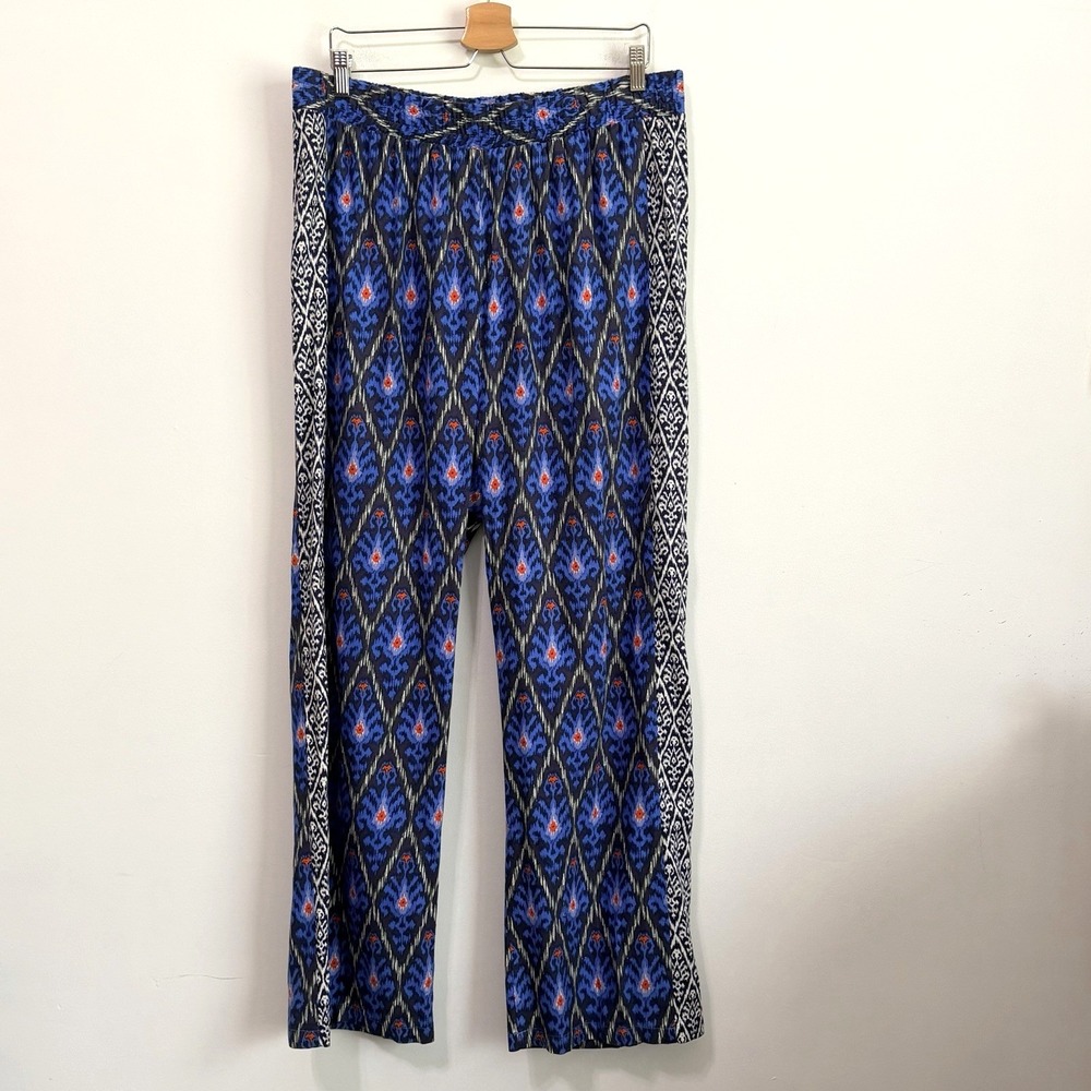 Hester & Orchard Palazzo Pants XL Linen Blend Blue Ikat Aztec Pull On Summer NEW